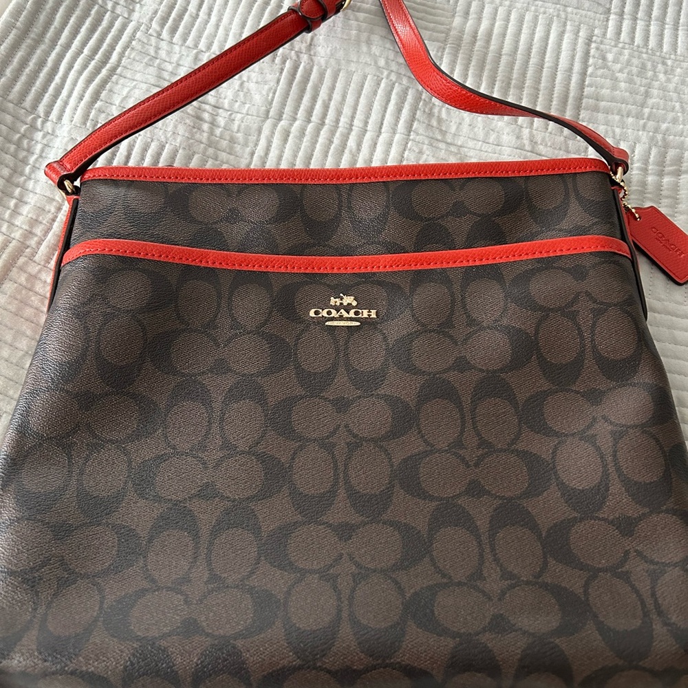 Authentic Coach Signature Brown and Red Monogram Shoulder/Crossbody Bag